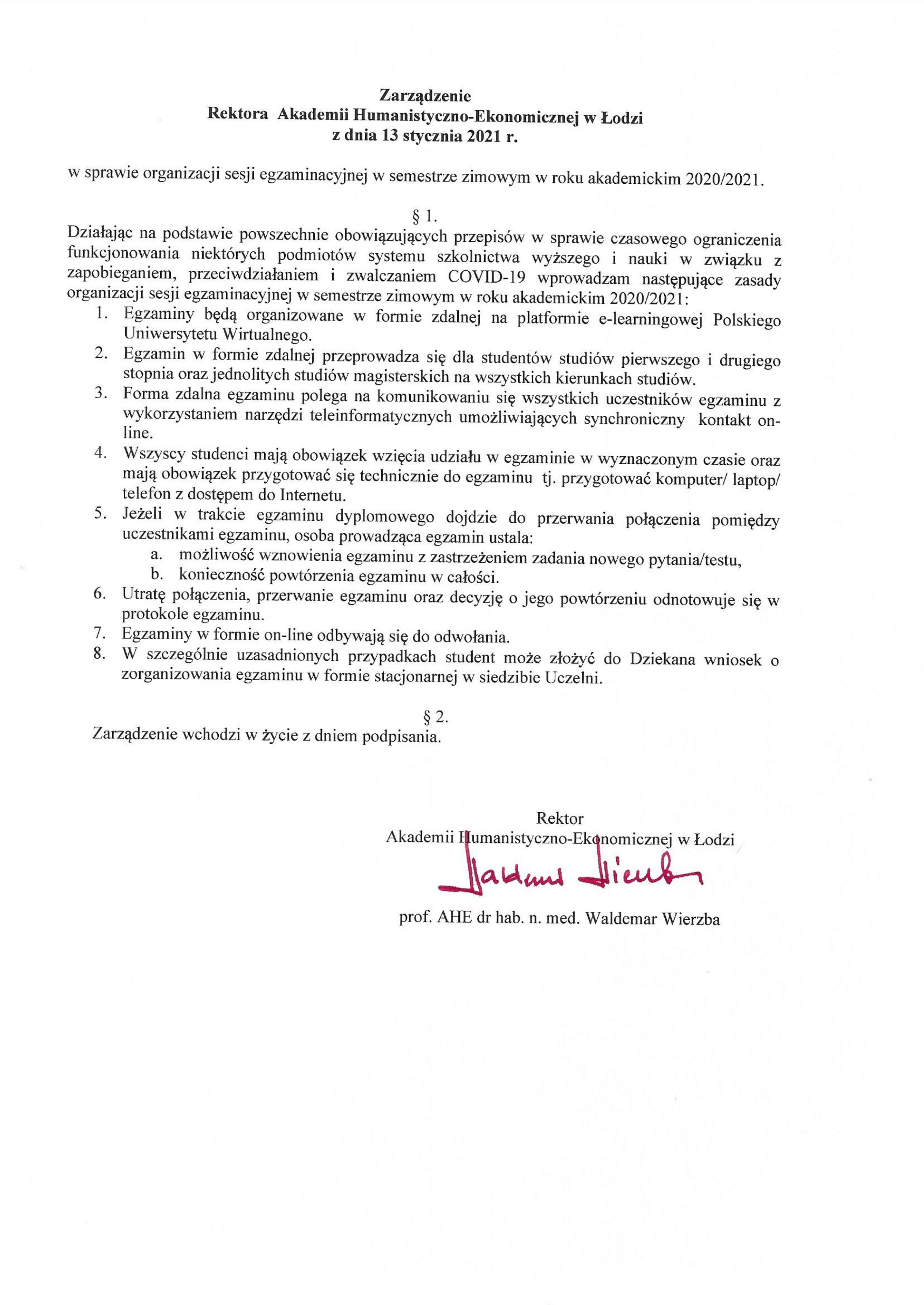 Zarządzenia Rektora dot. sesji i organizacji zajęć dydaktycznych
