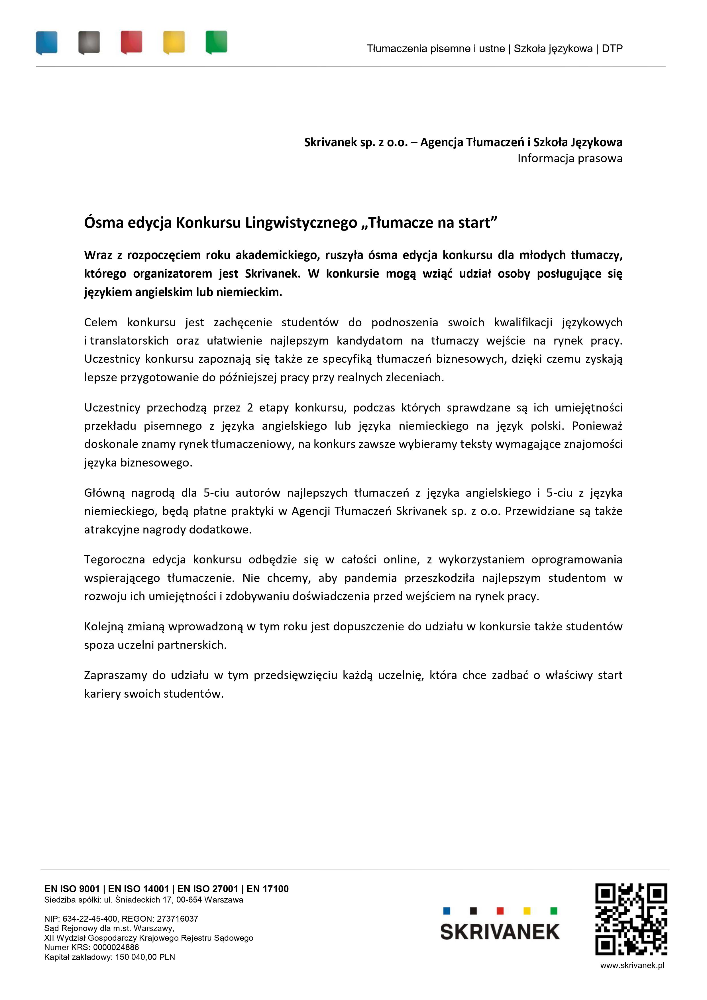 Ósma edycja Konkursu Lingwistycznego „Tłumacze na start”