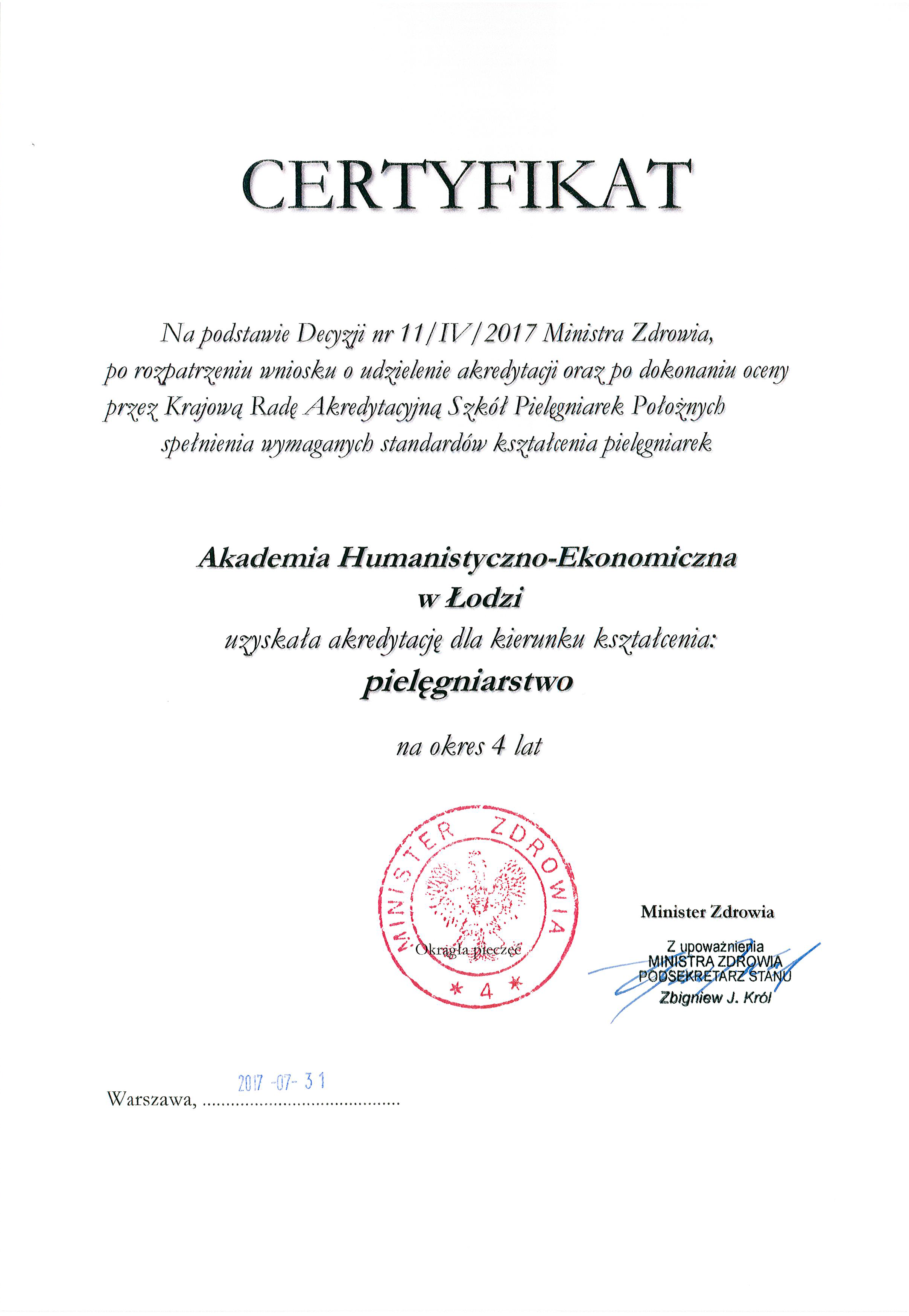 akredytacja dla kierunku pielęgniarstwo