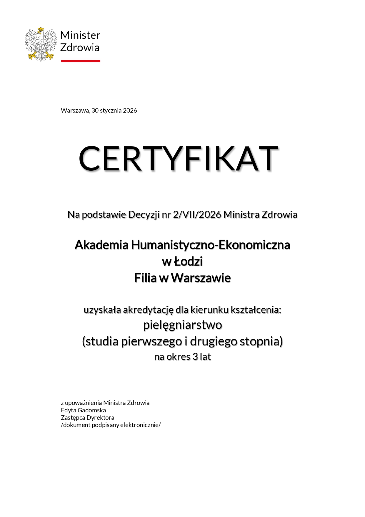 Certyfikat Ministerstwa dla Filii w Warszawie