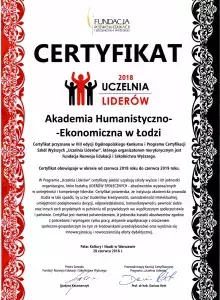 Certyfikaty „Uczelnia Liderów 2018" przyznane Akademii
