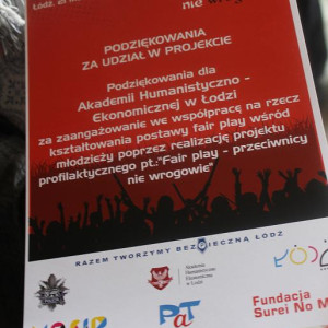 Podziękowania za udział w projekcie dla AHE w Łodzi