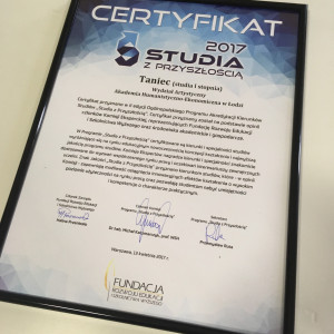 Certyfikat "Studia z Przyszłością" dla kierunku taniec