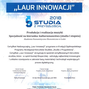 Laur Innowacyności dla specjalności produkcja i realizacja muzyki