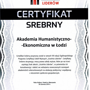 Certyfikaty „Uczelnia Liderów 2018" przyznane Akademii