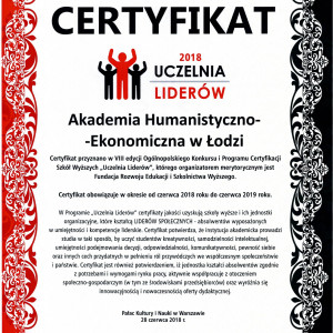 Certyfikaty „Uczelnia Liderów 2018" przyznane Akademii