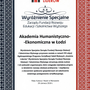 Certyfikaty „Uczelnia Liderów 2018" przyznane Akademii