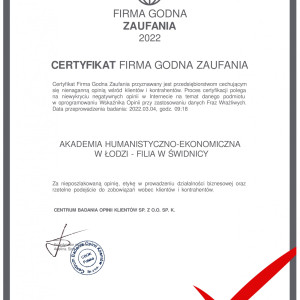 Certyfikat Filia Godna Zaufania
